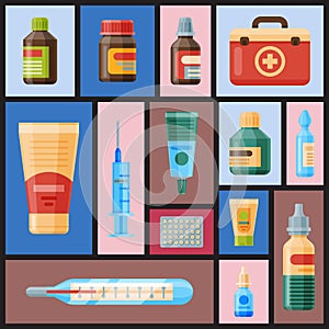 Medicine seamless pattern vector illustration. Medicine, pharmacy, hospital set of drugs with labels. Medication