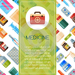 Medicine seamless pattern vector illustration. Medicine, pharmacy, hospital set of drugs with labels. Medication