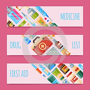 Medicine set of banners vector illustration. Medicine, pharmacy store, hospital set of drugs with labels. Medication