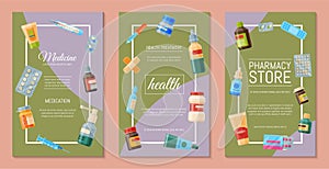 Medicine set of poster cards vector illustration. Medicine, pharmacy store, hospital set of drugs with labels