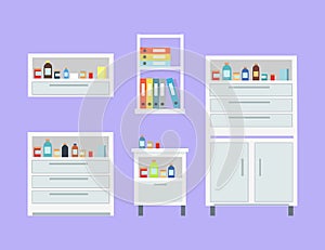 Medicine Set of Drawers Items Vector Illustration