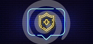 Medicine shield line icon. Medical protection sign. Neon light speech bubble. Vector