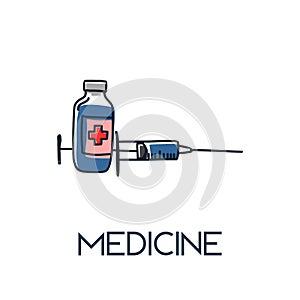 Medicine - srynge and vaccine minimalist out line hand drawn medic flat icon illustration photo