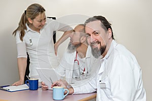 Medicine staff are having a break in the breakroom photo