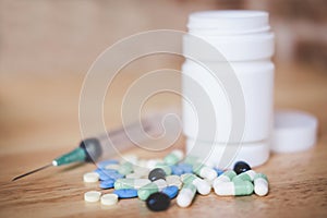 Medicine supplement and drug on wooden background, Close up of c