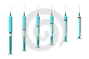 Medicine syringe injector application device set. Medical drug injection syringes empty and filled with liquid