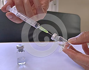 Medicine, Syringe and vacine botte medical tools in time corona virus covid 19 pandemic