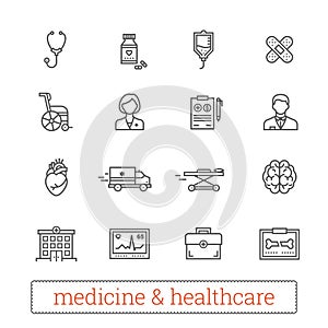 Medicine thin line vector icons: medical services, health care tools, diagnostic equipment and reanimation treatment.