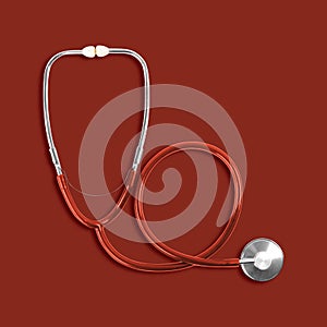 Medicine - Top view red stethoscope isolated red