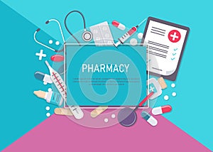 Medicine vector illustration. Pharmacy background, pharmacy desing, pharmacy templates. Medicine, pharmacy, hospital set of drugs