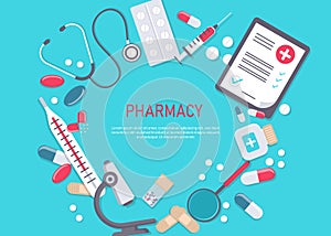 Medicine vector illustration. Pharmacy background, pharmacy desing, pharmacy templates. Medicine, pharmacy, hospital set