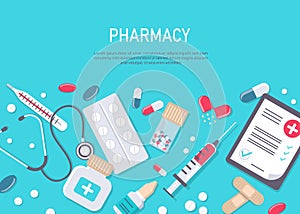 Medicine vector illustration. Pharmacy background, pharmacy desing, pharmacy templates. Medicine, pharmacy, hospital set of drugs