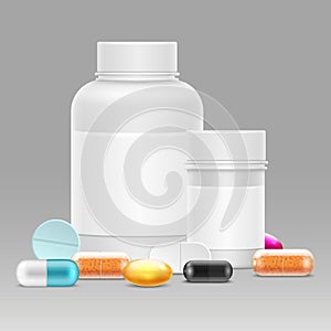 Medicine vector illustration with realistic plastic bottles for pills and drugs, vitamins, pills