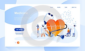 Medicine vector landing page template with header. Medical science and technology web banner, homepage design with flat
