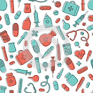 Medicine vector seamless pattern hand drawn, simple medical background. First aid kit, syringe, stethoscope, vial, pills, vaccine