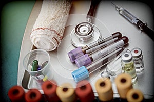 Medicine in vials and syringe ready for vaccine injection
