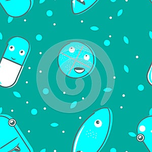 Medicine vintage seamless pattern. Mint Background made from pills and capsules.