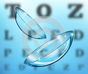 Medicine and vision concept - contact lenses on eyesight test chart