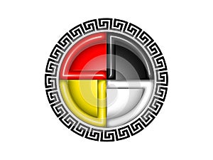 Medicine wheel. Lakota symbol of Mother Earth with a meander halo ring in a white background.