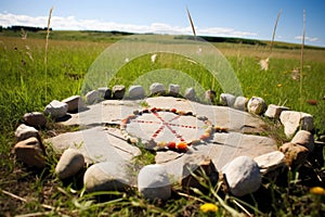 medicine wheel made of stones in prairie grasslands