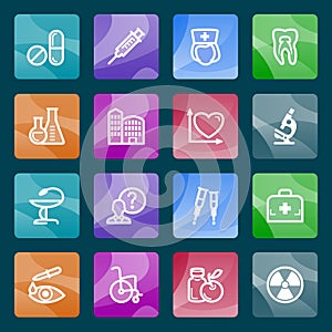 Medicine white icons on color buttons.