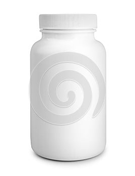 Medicine white pill bottle isolated on white background photo