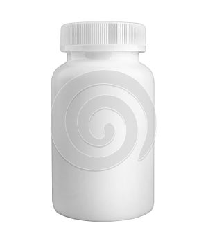 Medicine white pill bottle isolated on white background photo