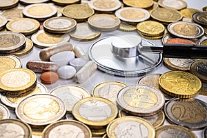 Medicines with coins around them