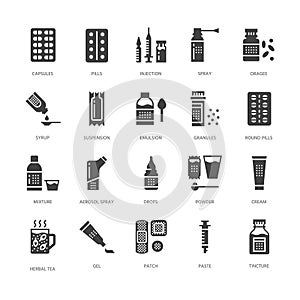 Medicines, dosage forms glyph icons. Pharmacy, tablet, capsules, pills, antibiotics, vitamins, painkillers. Medical photo