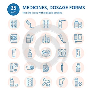 Medicines, dosage forms line icons. Pharmacy medicaments, tablet, capsules, pills antibiotic, vitamin, painkiller