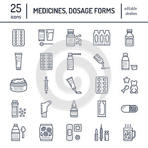 Medicines, dosage forms line icons. Pharmacy medicaments, tablet, capsules, pills, antibiotics, vitamins, painkillers