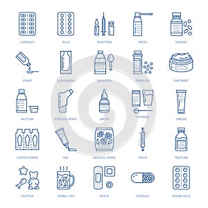 Medicines, dosage forms line icons. Pharmacy medicaments, tablet, capsules, pills, antibiotics, vitamins, painkillers photo