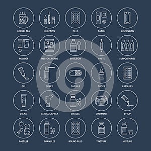 Medicines, dosage forms line icons. Pharmacy medicaments, tablet, capsules, pills, antibiotics, vitamins, painkillers