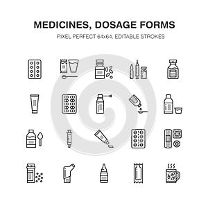 Medicines, dosage forms line icons. Pharmacy medicaments, tablet, capsules, pills, antibiotics, vitamins, painkillers