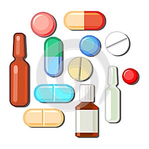 Medicines. Illustration with bottles, tablets, capsules, ampoules. Medicinal drugs. Pharmaceuticals. Ambulance. Pharmacy