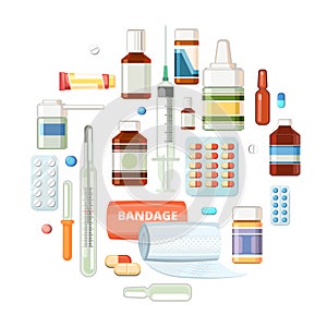 Medicines. Illustration with pills, capsules, thermometer, syringe, bandage. Medicinal drugs. Pharmaceuticals. Ambulance