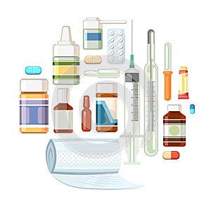 Medicines. Illustration with pills, capsules, thermometer, syringe, bandage, ointment. Medicinal drugs. Pharmaceuticals