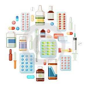 Medicines. Illustration with pills, capsules, thermometer, syringe. Medicinal drugs. Pharmaceuticals. Ambulance