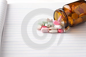 Medicines pills and drugs in a brow bottle on a book background