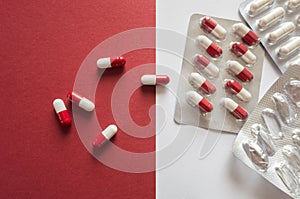 Medicines, pills red-white capsules. Blister packaging on a red-white background with a copy space.