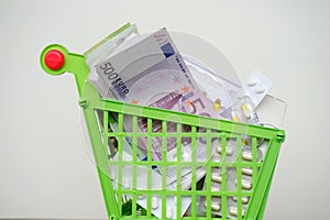 Medicines and pills in shopping cart, blister packs, medicine bottles, euro banknotes into shopping basket, concept Drug