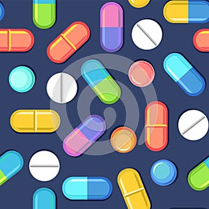 Medicines seamless pattern. Illustration with pills. Concurrency. Medicinal drugs. Pharmaceuticals. Ambulance. Pharmacy