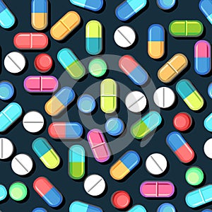 Medicines seamless pattern. Illustration with pills. Concurrency. Medicinal drugs. Pharmaceuticals. Ambulance. Pharmacy