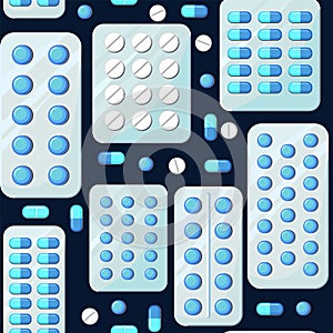 Medicines seamless pattern. Illustration with pills. Concurrency. Medicinal drugs. Pharmaceuticals. Ambulance. Pharmacy