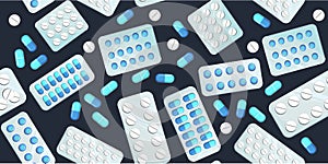 Medicines seamless pattern. Illustration with pills. Concurrency. Medicinal drugs. Pharmaceuticals. Ambulance. Pharmacy