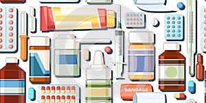 Medicines seamless pattern. Illustration with pills. Concurrency. Medicinal drugs. Pharmaceuticals. Ambulance. Pharmacy