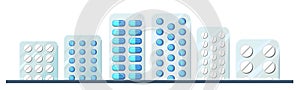 Medicines. Silhouette illustration with pills. Pharmacology. Medicinal drugs. Pharmaceuticals. Ambulance. Isolated on