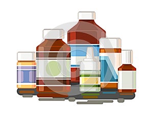Medicines. Still life with bottles, tablets, capsules. Medicinal drugs. Pharmaceuticals. First aid kit. Pharmacy