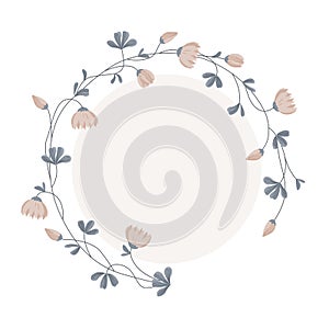 Medick, shamrock flowers and leaves round frame. Clover isolated wreath, decorative border with empty space. Vector photo