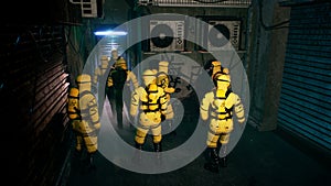 Medics in a suit of bacteriological protection came to the infected patient. Men in yellow protective suits and gas